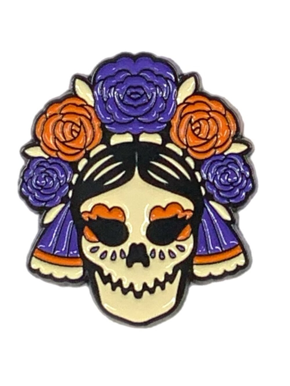 Floral Day if the Dead Sugan Skull Enamel Pin Black Metal Purple Orange